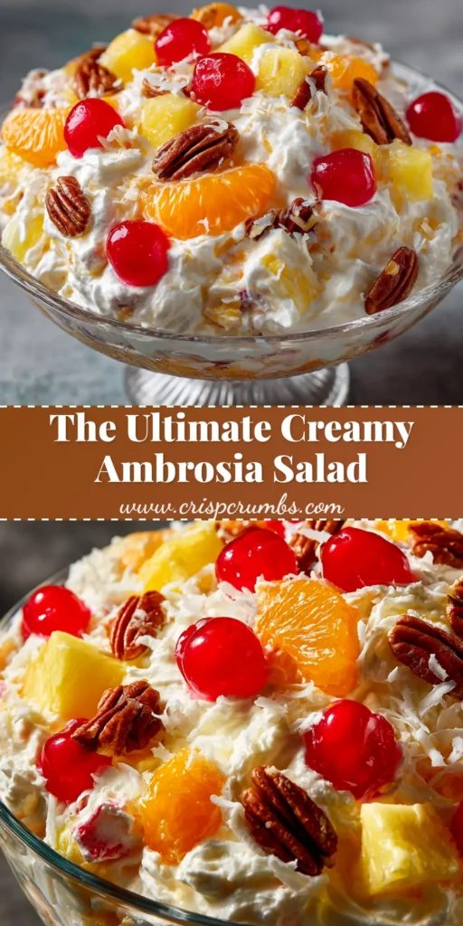 A large glass bowl of classic Ambrosia Salad, showing the mix of marshmallows, cherries, mandarin oranges, pineapple, and coconut in a creamy dressing, ready to be served.