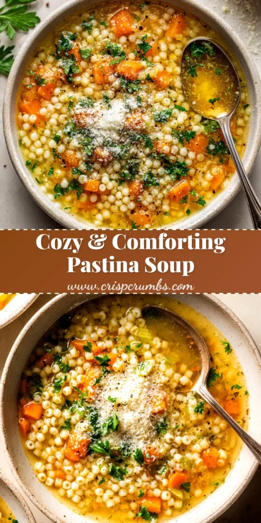 An overhead shot of a warm bowl of classic Pastina Soup, garnished with fresh parsley and Parmesan cheese, ready to be enjoyed. The title 'Comforting Pastina Soup' is overlaid.