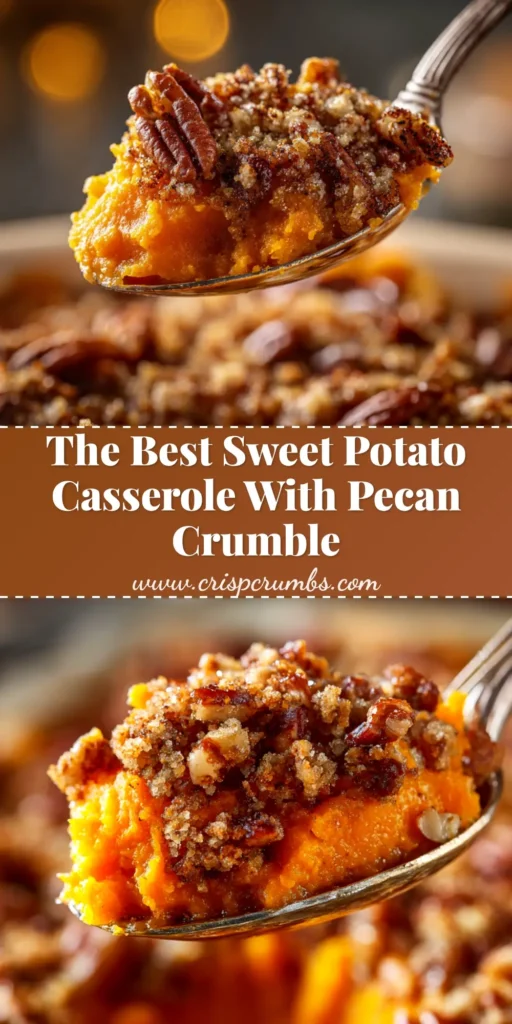 A top-down view of a classic Sweet Potato Casserole in a white baking dish, featuring a perfectly toasted marshmallow topping. The casserole is surrounded by holiday decorations.