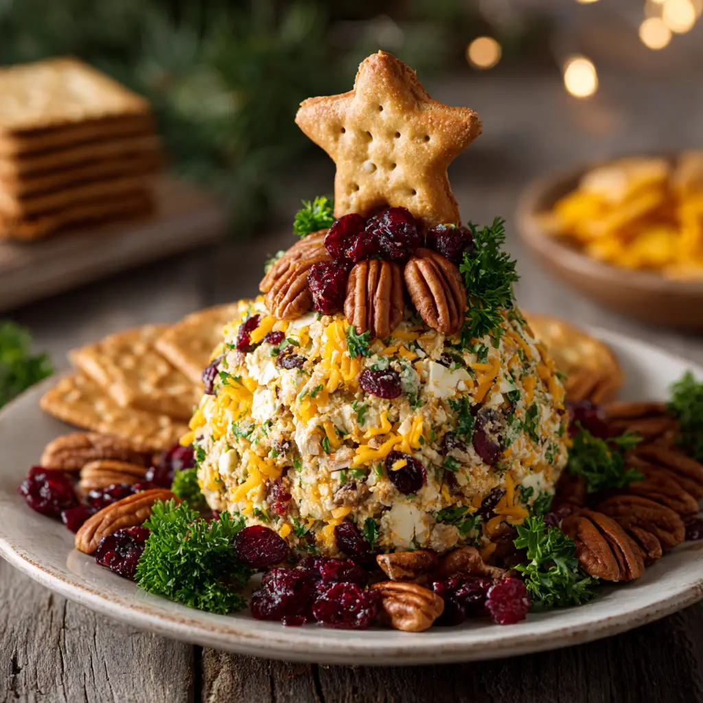 A step-by-step image showing how to coat the holiday cream cheese ball in a mixture of chopped pecans and dried cranberries.