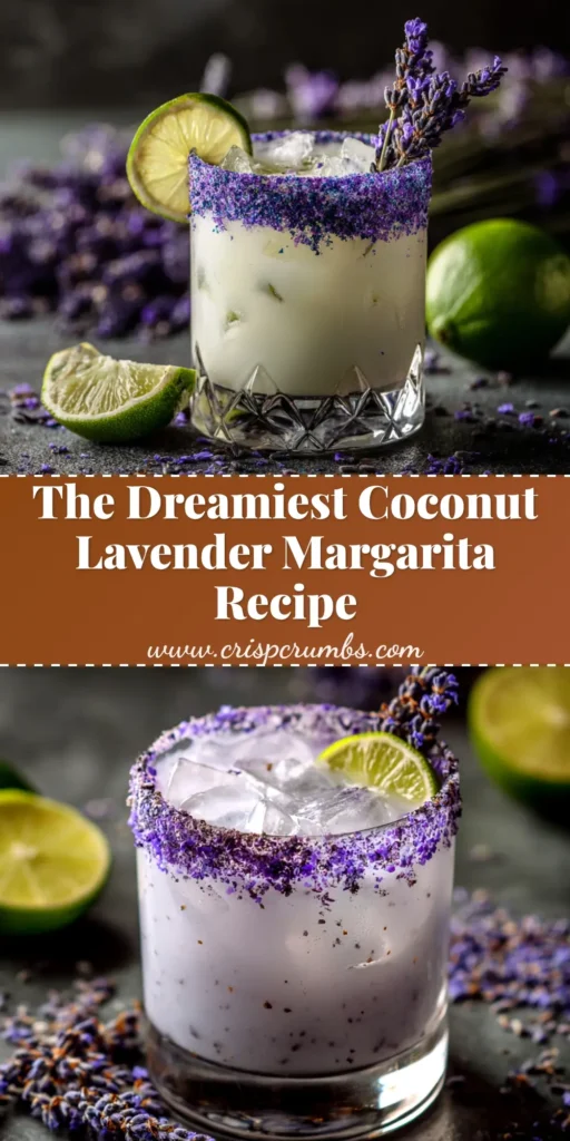 A tall pin image of a creamy Coconut Lavender Margarita in a coupe glass, garnished with a lavender sprig. Text overlay reads 'Creamy Coconut Lavender Margarita Recipe'.
