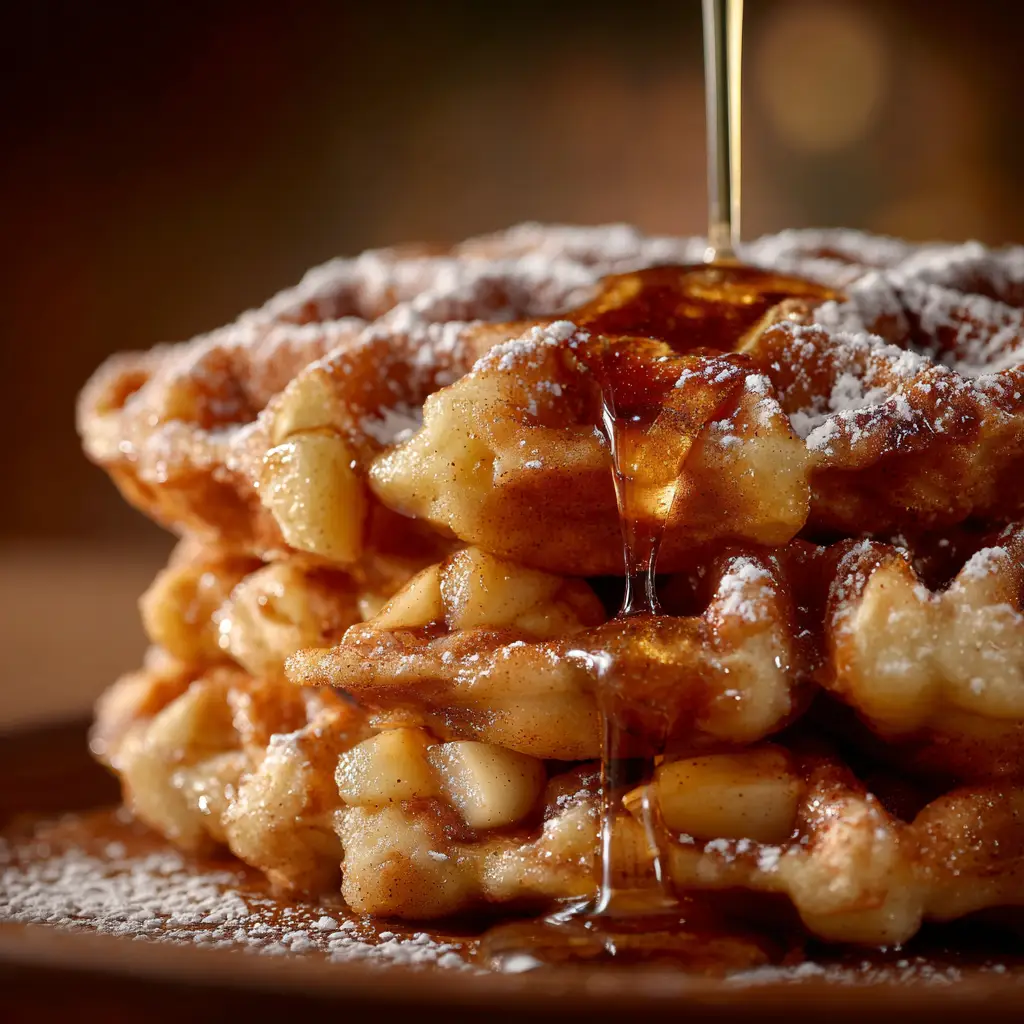 Freshly cooked apple fritter waffle donuts resting on a wire rack before being glazed. They are golden-brown and crispy.