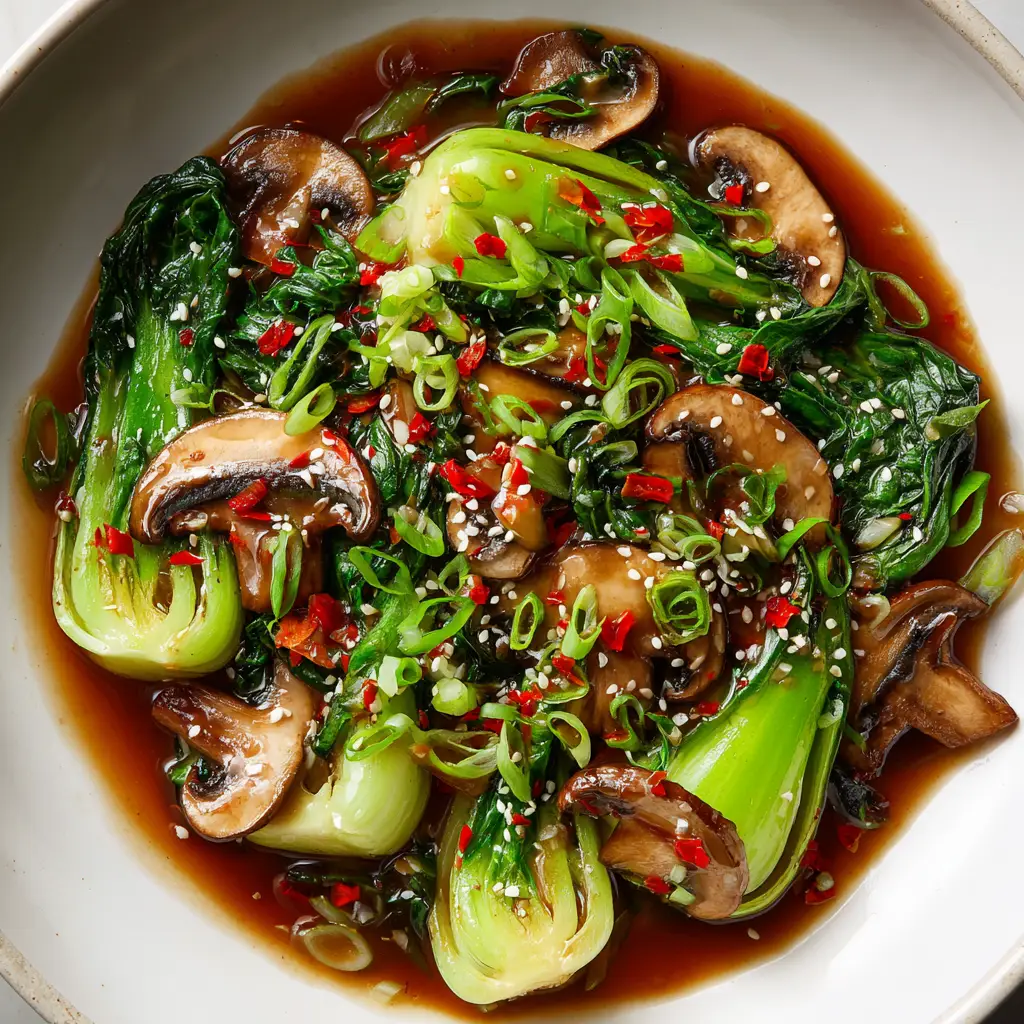 A close-up of the baby bok choy and sliced cremini mushrooms being stir-fried with garlic and ginger in a hot wok.