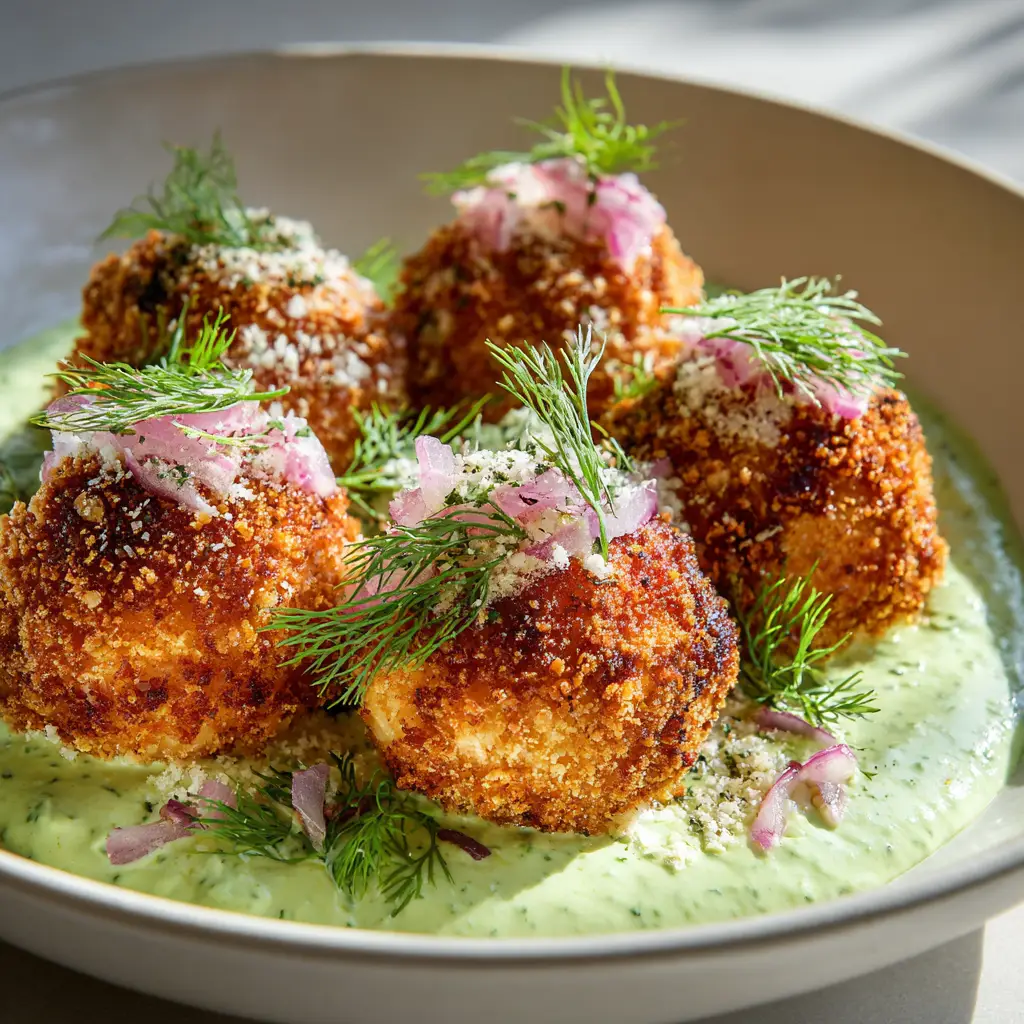 A close-up shot of golden, panko-crusted salmon balls being fried in a pan. This shows the crispy salmon patties cooking process.