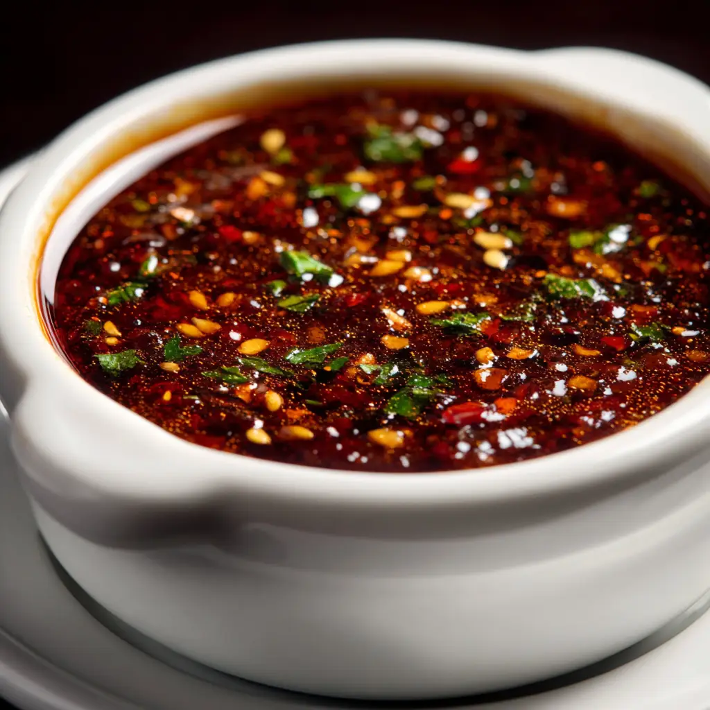 The finished dragon sauce simmering in a saucepan, thickened to a perfect glaze-like consistency.