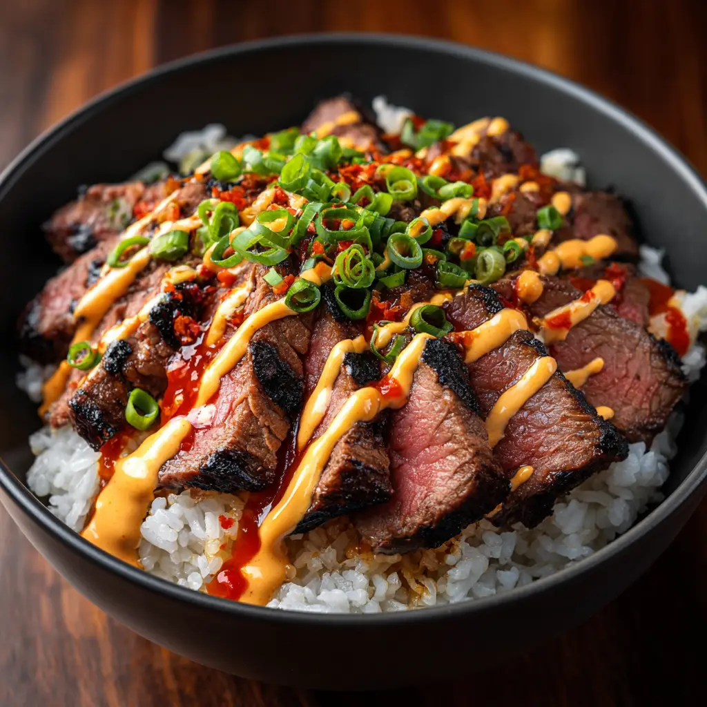 Sizzling Korean BBQ steak being cooked in a hot cast-iron skillet, showing the caramelization on the meat.