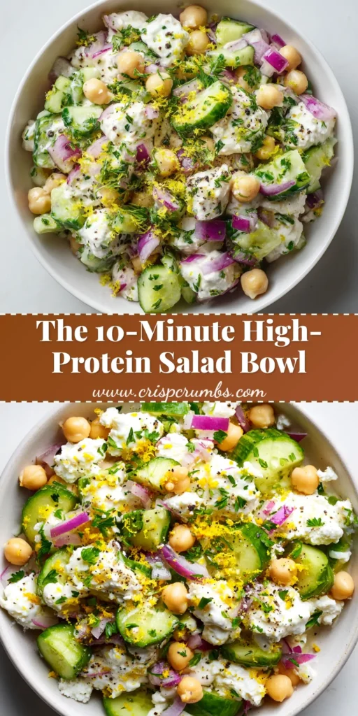 A bright overhead shot of a creamy Cottage Cheese Chickpea Salad served in a white bowl with fresh dill, ready to be eaten.