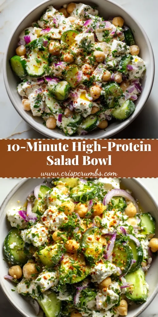 An overhead shot of a bowl of creamy Cottage Cheese Chickpea Salad, garnished with fresh dill and served with crackers.