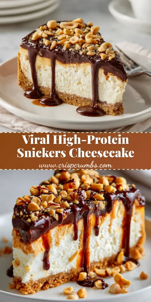 A close-up shot of a cut slice of the Cottage Cheese Snickers Dessert, showing the distinct layers of creamy base, caramel, peanuts, and a dark chocolate topping.