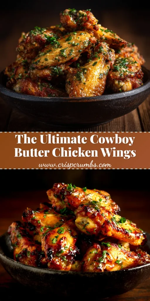 A heaping platter of crispy Cowboy Butter Chicken Wings, glistening with sauce and garnished with fresh parsley. The perfect game day appetizer.