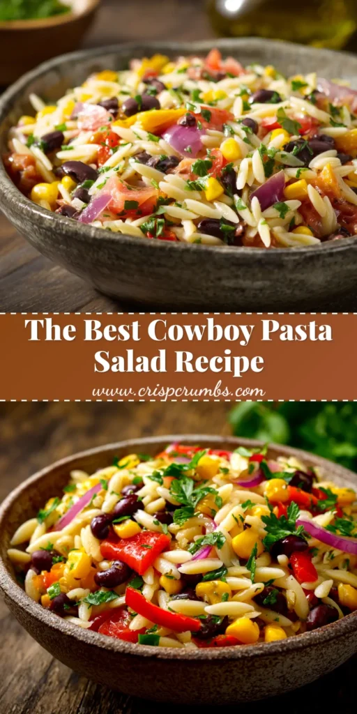 A large bowl of delicious Cowboy Pasta Salad, featuring rotini pasta, ground beef, corn, and black beans in a creamy BBQ ranch dressing, ready to be served.