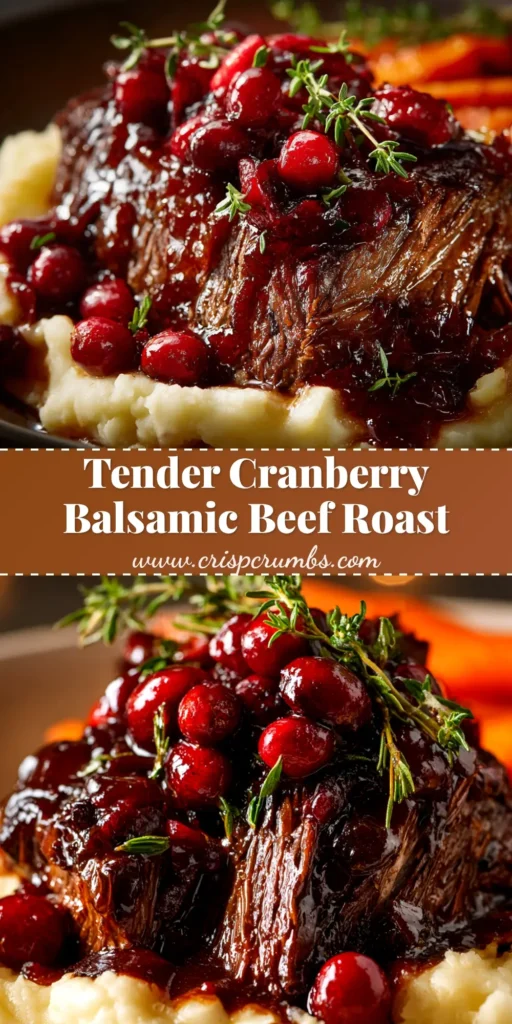 An overhead shot of a sliced Cranberry Balsamic Beef Roast on a platter, garnished with fresh cranberries and rosemary. The perfect holiday main course.