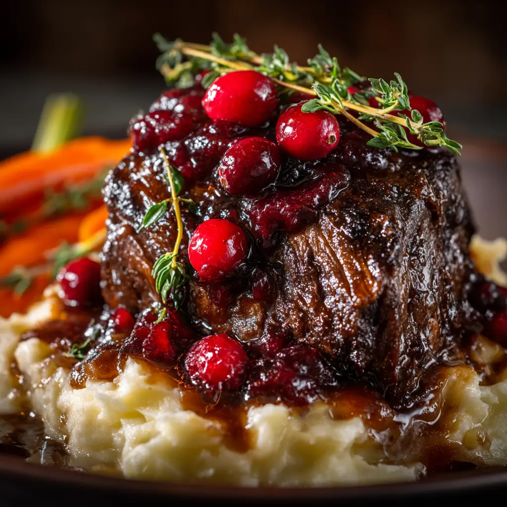 The rich cranberry balsamic glaze simmering in a skillet with onions and fresh herbs before being poured over the beef roast.