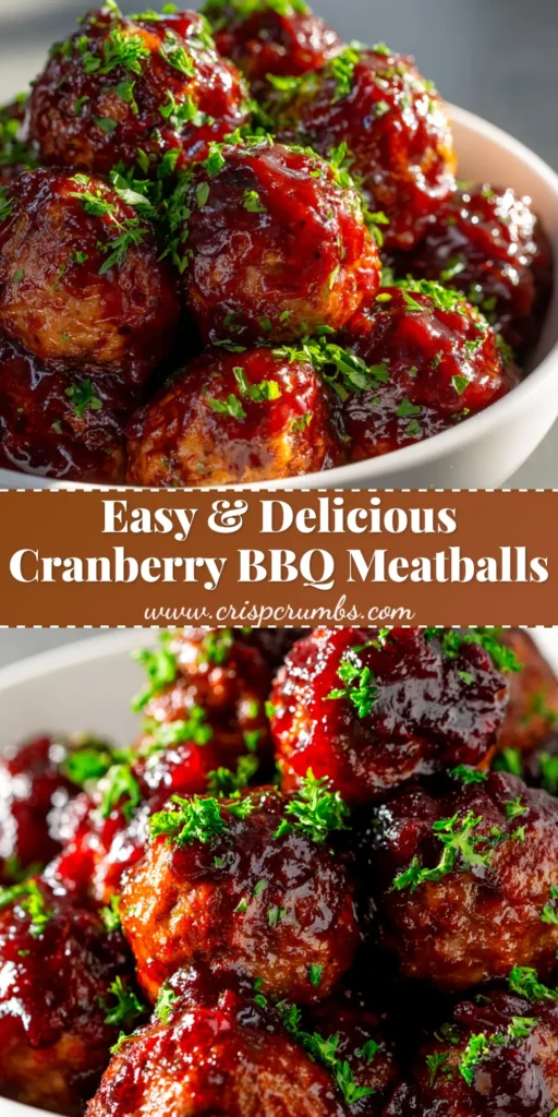 A bowl of delicious Cranberry BBQ Meatballs, glazed in a shiny, dark red sauce and garnished with fresh parsley. The perfect holiday party appetizer.