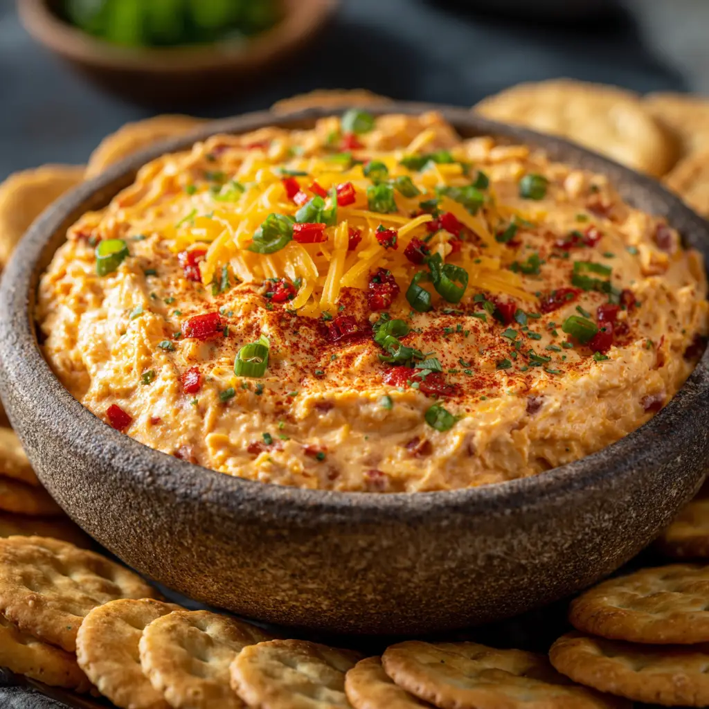 A rustic bowl filled with creamy, make-ahead cranberry cream cheese dip, ready to be served as a simple Thanksgiving starter.