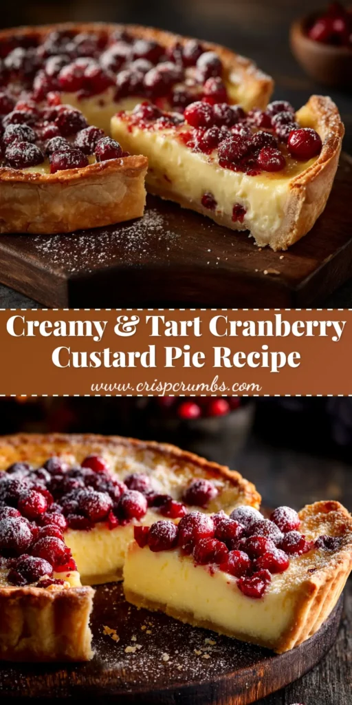 A beautiful overhead shot of a whole Cranberry Custard Pie, showing the vibrant red cranberries suspended in a creamy, perfectly baked custard set in a golden-brown, flaky crust.