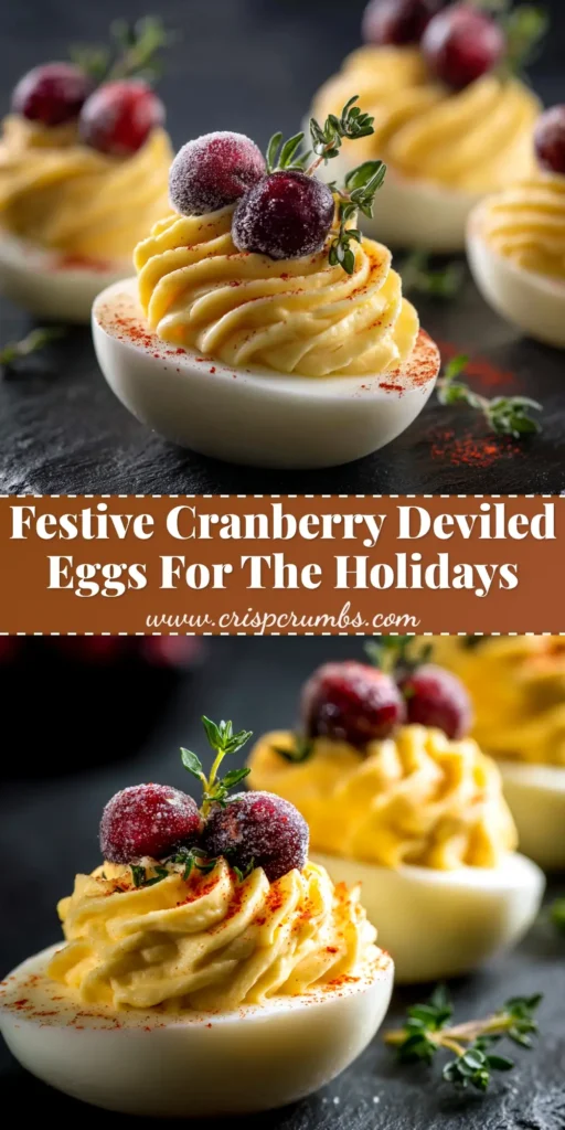 A platter of festive Cranberry Deviled Eggs, beautifully arranged for a holiday party. The creamy filling is topped with a vibrant red cranberry relish and a sprinkle of fresh herbs.