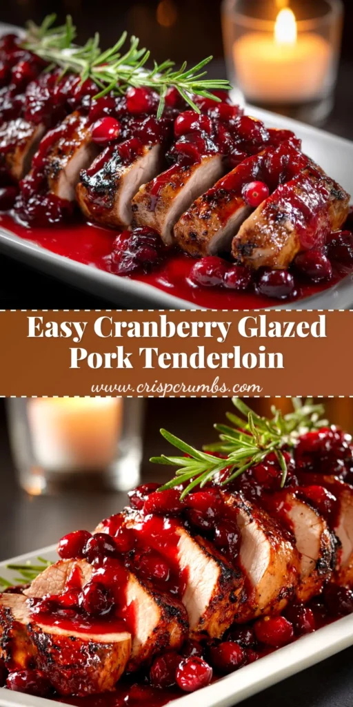 A beautiful Cranberry Glazed Pork Tenderloin served on a platter, ready for a holiday dinner. The glaze is a vibrant red, and the pork is perfectly roasted.