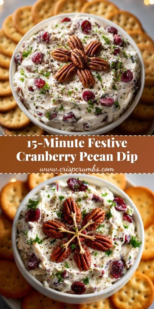 A festive Cranberry Pecan Cream Cheese Dip served on a white plate with crackers. The cream cheese block is topped with a vibrant mixture of red cranberries and chopped pecans.