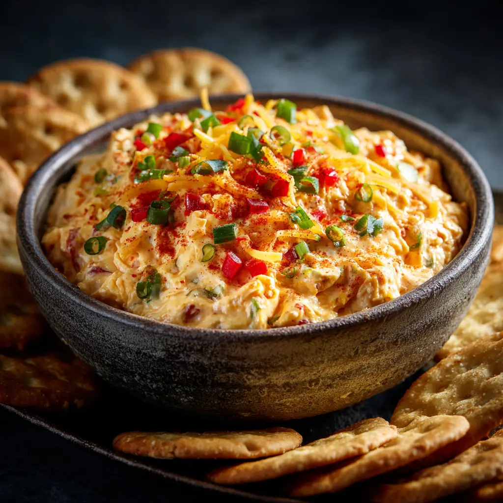 The final step of assembling the festive holiday appetizer, showing the vibrant cranberry pecan topping being spooned over the cream cheese base.