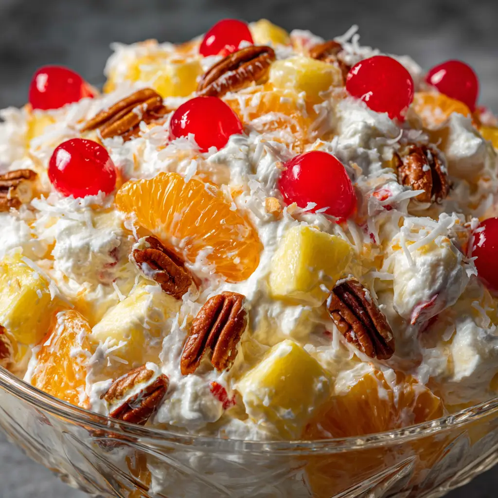 A close-up shot of Ambrosia Salad in a decorative bowl, highlighting the creamy texture and the individual ingredients like mini marshmallows and mandarin oranges.
