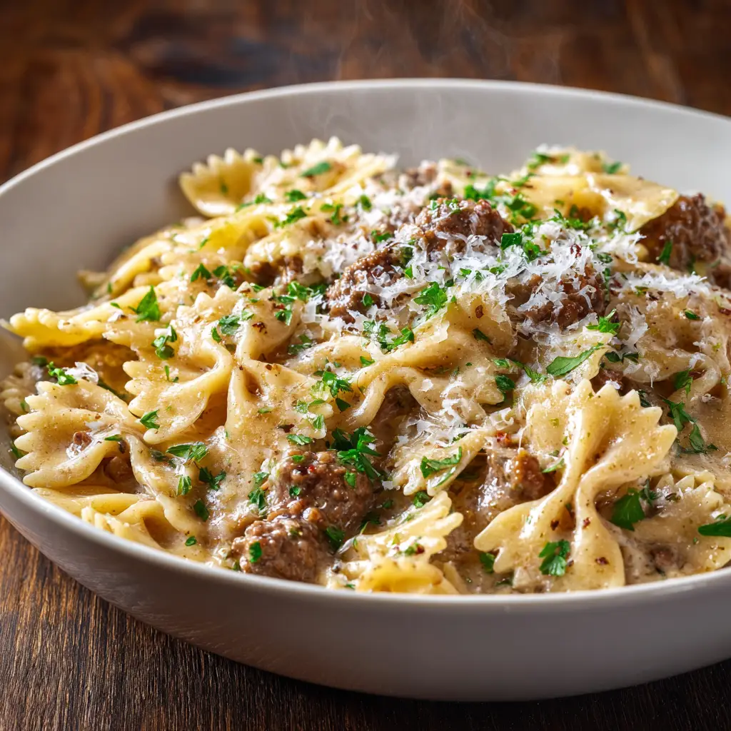 A fork lifting a bite of the creamy beef bowtie pasta from a bowl, highlighting the tender pasta and savory ground beef.