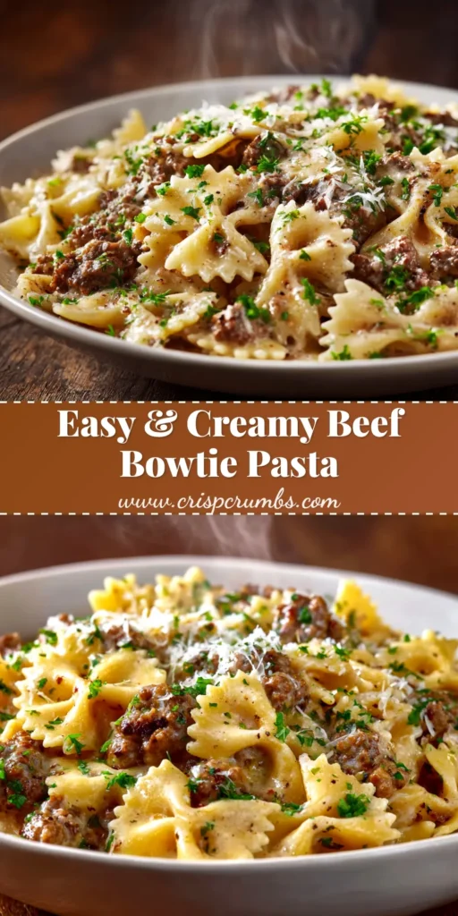 A large white bowl filled with creamy beef bowtie pasta, garnished with fresh parsley. The perfect easy weeknight dinner recipe.