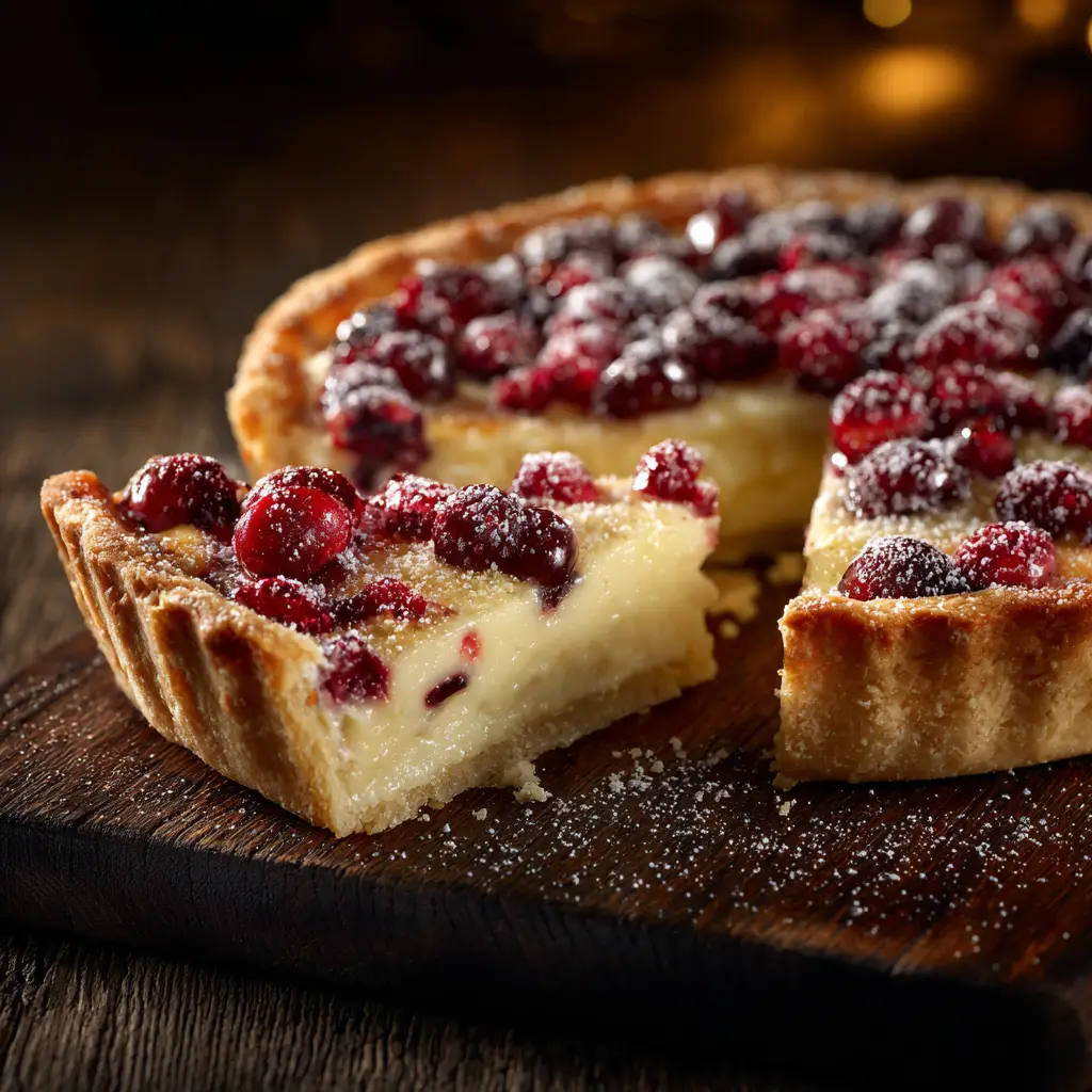 A close-up slice of creamy cranberry pie on a white plate, highlighting the smooth texture of the custard and the bright pop of whole cranberries.