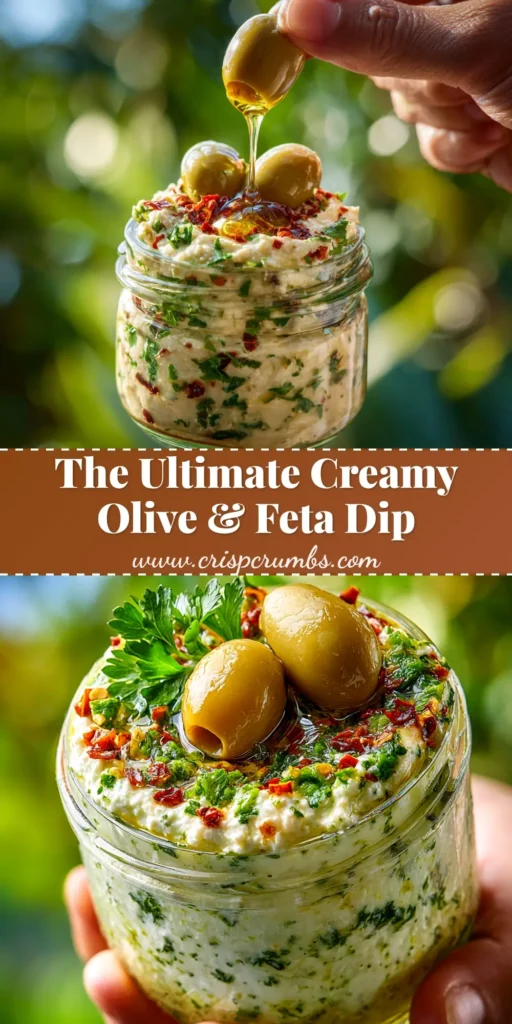 A shareable pin image showing a bowl of Creamy Feta and Green Olive Dip drizzled with olive oil, surrounded by pita bread and fresh vegetables.