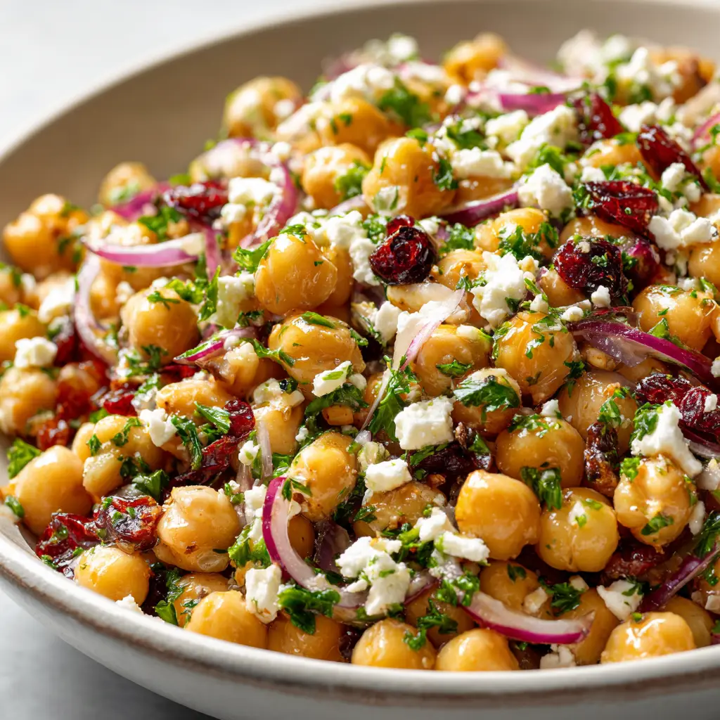 A spoonful of creamy chickpea salad, showing the texture after mashing the chickpeas and mixing with the Greek yogurt dressing.