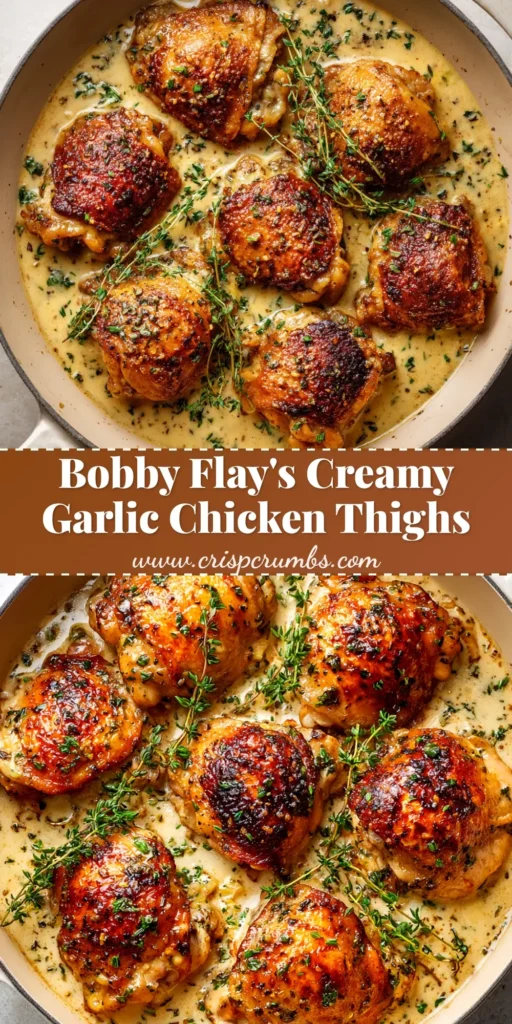An overhead shot of Creamy Garlic Chicken Thighs in a black cast iron skillet, garnished with fresh parsley. The chicken has crispy, golden-brown skin and is nestled in a rich cream sauce.