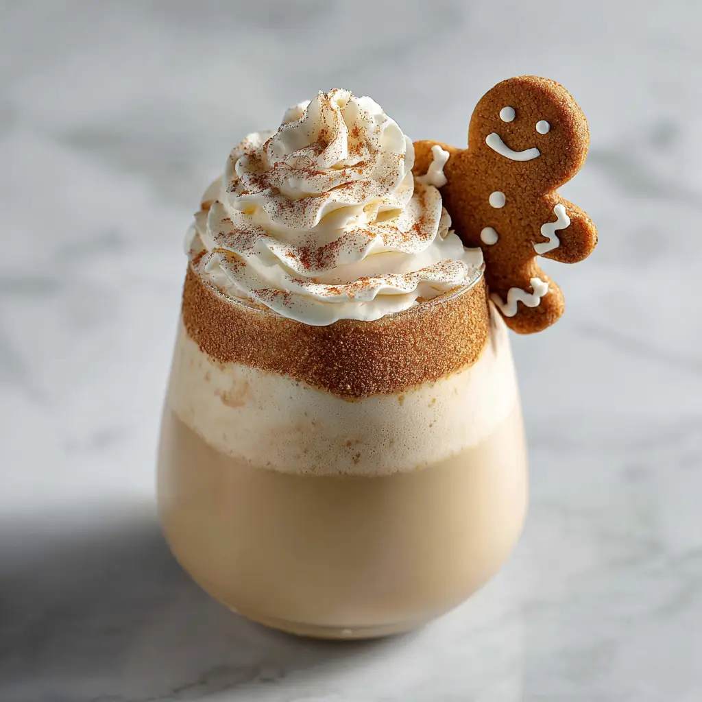 A close-up shot of a creamy gingerbread cocktail in a martini glass, showing the frothy top and a sprinkle of cinnamon.