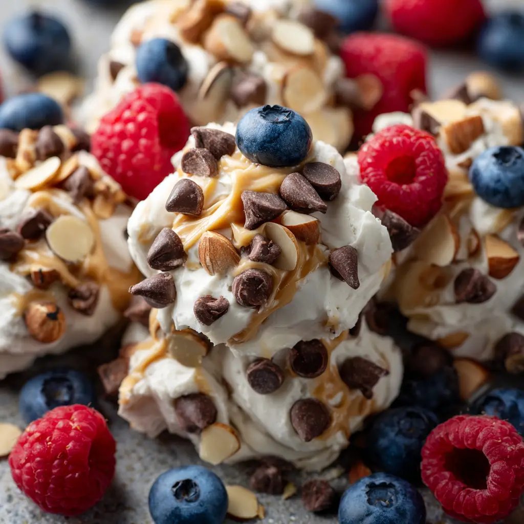 An extreme close-up overhead shot of rustic frozen yogurt bites on a dark surface, highlighting their creamy texture and fresh fruit toppings.