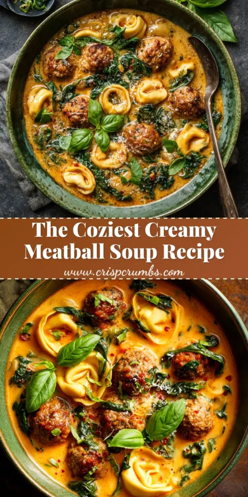 A large white bowl filled with Creamy Italian Meatball Soup, showing tender meatballs, pasta, and spinach in a rich, orange-hued broth, garnished with Parmesan cheese.