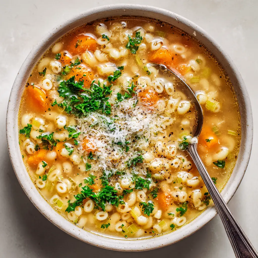 A spoonful of creamy pastina soup being lifted from a bowl, highlighting the velvety texture created by the melted Parmesan cheese.