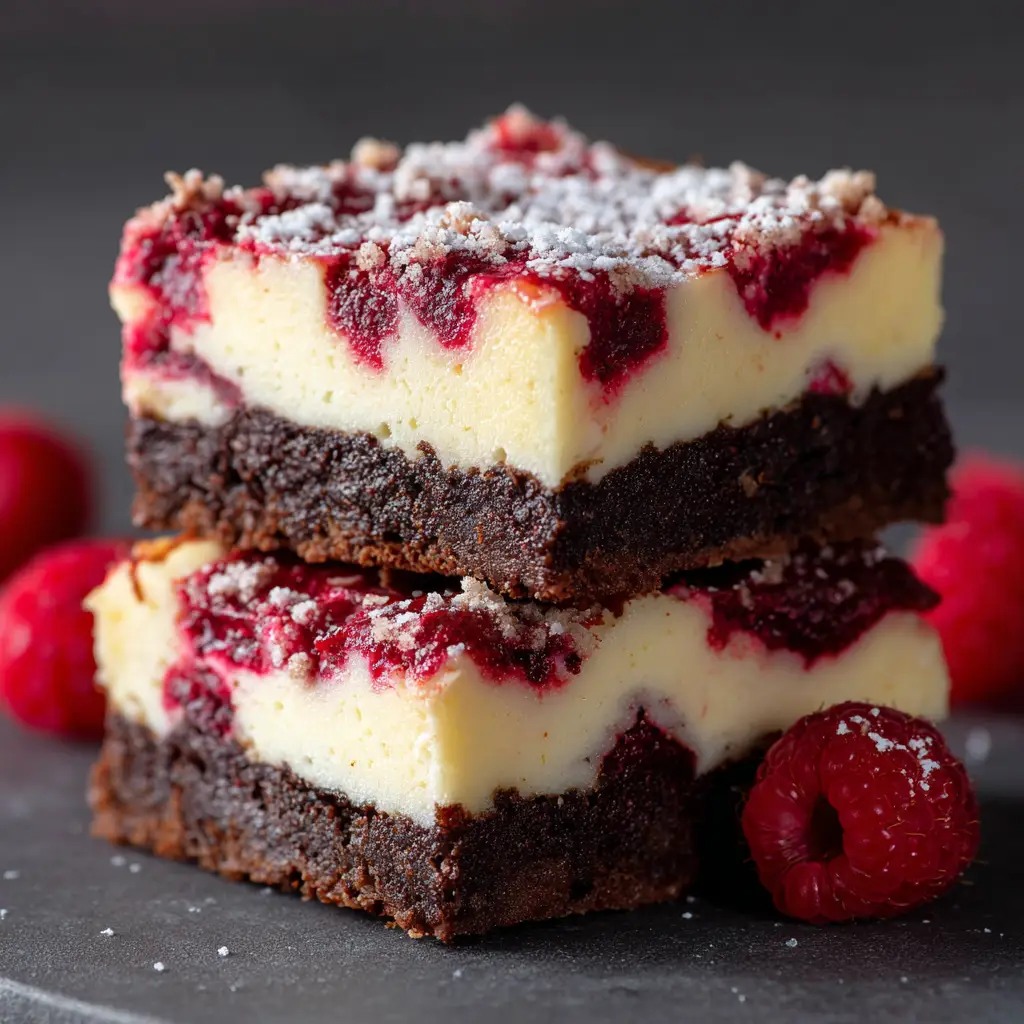 A stack of two creamy cheesecake bars with a beautiful raspberry swirl, set against a clean, bright background. This image shows the texture of the dessert.