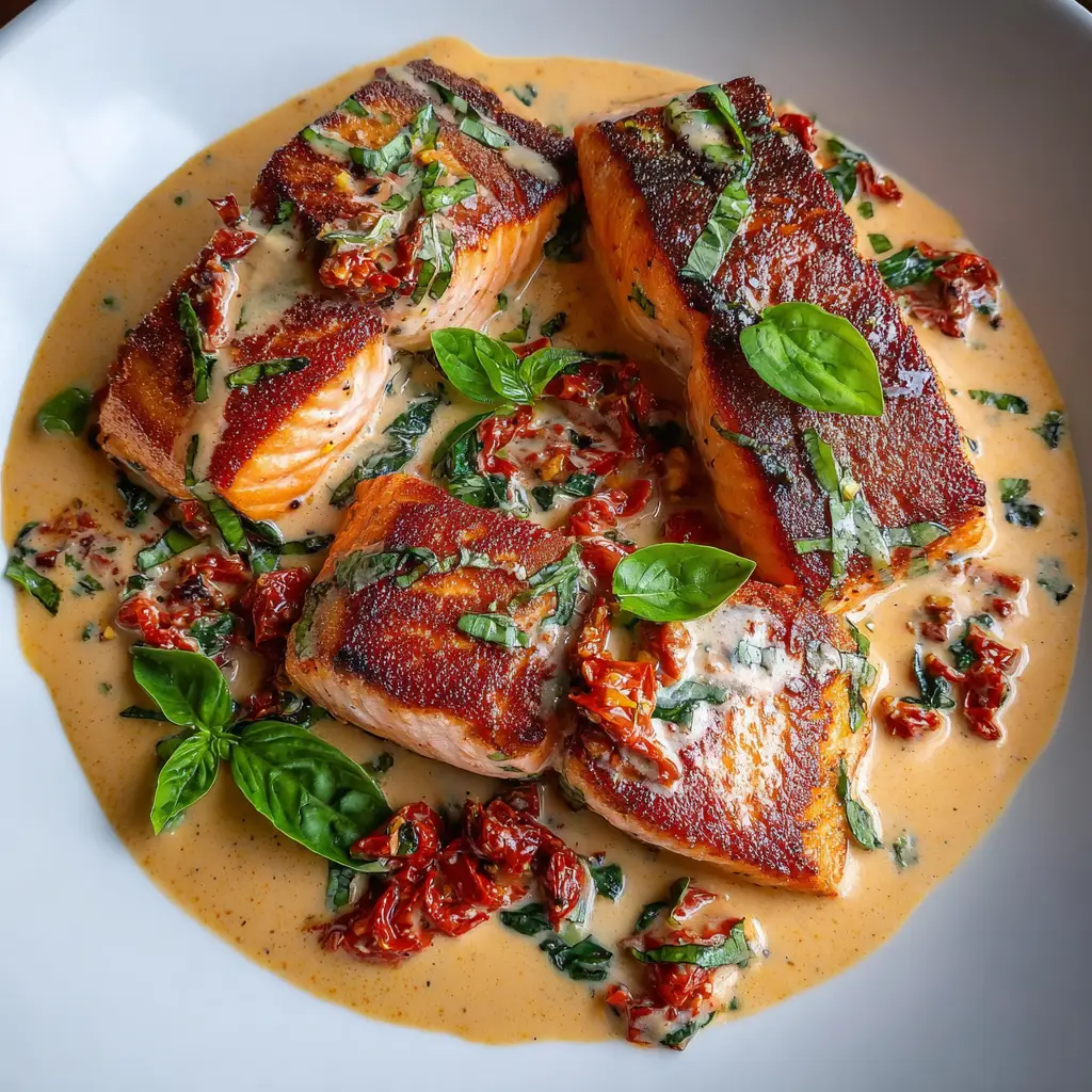 A close-up of a pan-seared salmon fillet with crispy skin, sitting in a creamy Tuscan-style sauce with sun-dried tomatoes.