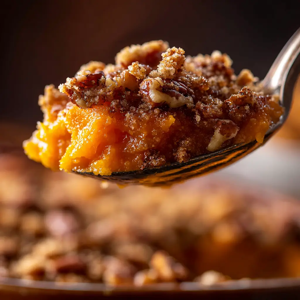 A close-up spoonful of creamy sweet potato casserole filling being lifted from the baking dish, showing its smooth and rich texture.