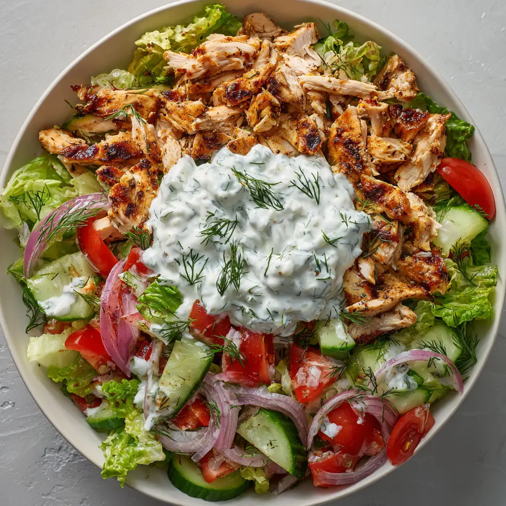 A close-up shot of the finished Tzatziki Chicken Salad in a bowl, showing its creamy texture and fresh dill.