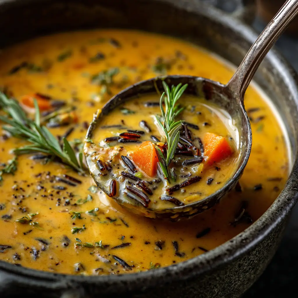 A close-up shot of the finished vegan pumpkin soup, showing the texture of the wild rice and the creamy pumpkin broth.