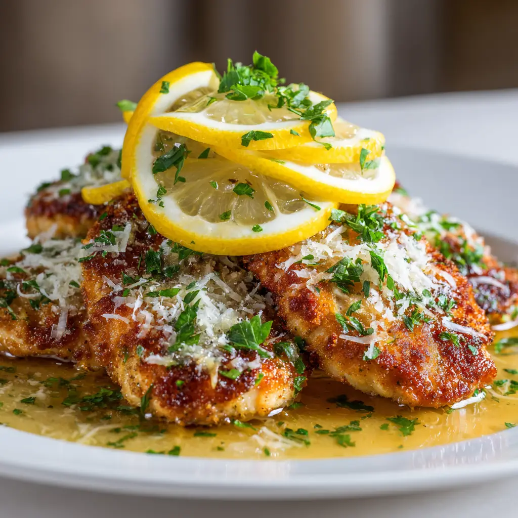 A close-up shot of a crispy chicken romano cutlet, showing the golden-brown texture of the Parmesan and Romano cheese crust.
