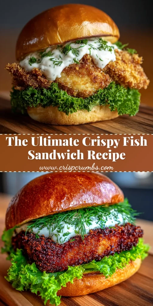 A perfectly golden crispy fried cod sandwich on a toasted brioche bun with tartar sauce, lettuce, and cheese, shown against a clean background.