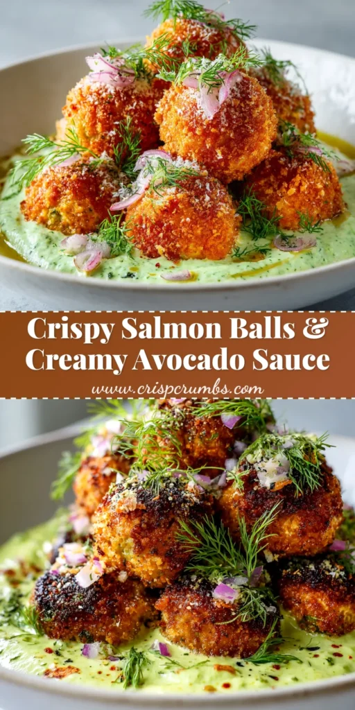 A plate of golden brown, crispy salmon balls, served with a creamy dill dipping sauce and a lemon wedge. The perfect salmon balls recipe appetizer.