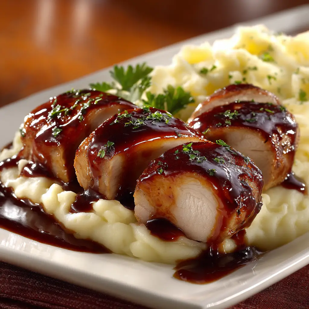 Seared pork tenderloins resting in a slow cooker, with a dark, savory sauce being poured over them before cooking.