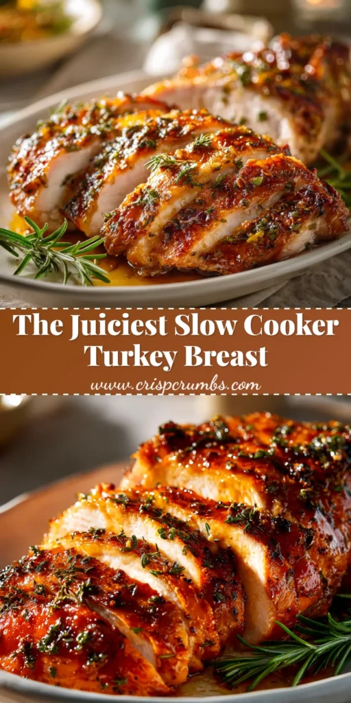 An overhead shot of a perfectly sliced Crock Pot Turkey Breast on a serving platter, garnished with fresh herbs. The turkey is juicy and golden-brown, ready to be served.