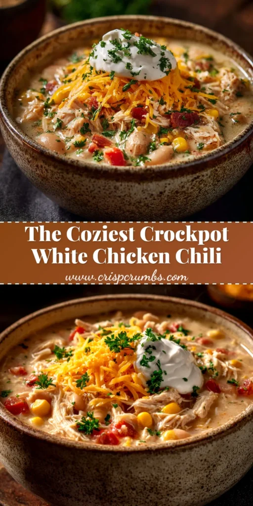 A top-down view of a bowl of creamy Crockpot White Chicken Chili, garnished with fresh cilantro, avocado, and lime wedges. The title 'Crockpot White Chicken Chili' is overlaid in bold text.