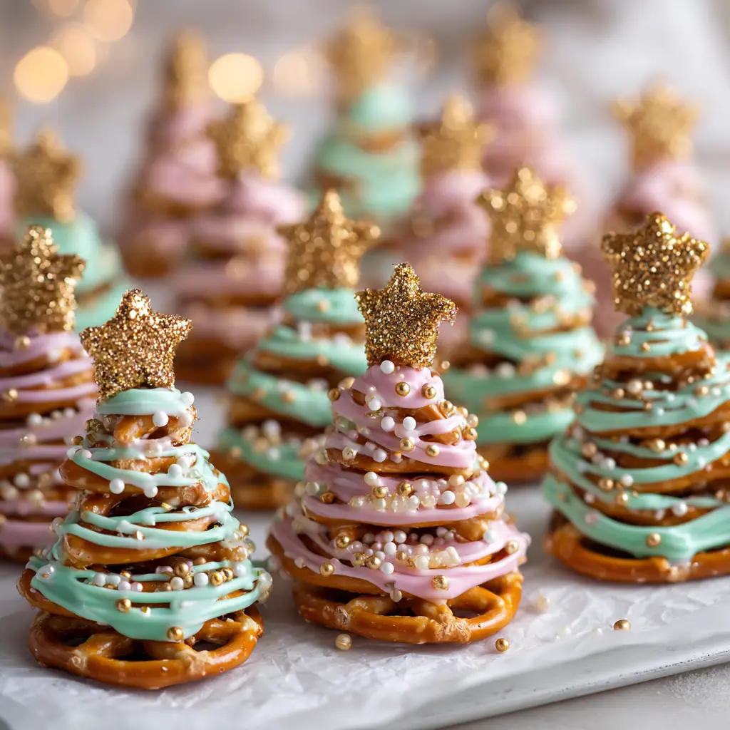A step-by-step image showing Chocolate Pretzel Trees being decorated with colorful sprinkles on a sheet of parchment paper. Illustrates the fun, kid-friendly nature of the recipe.