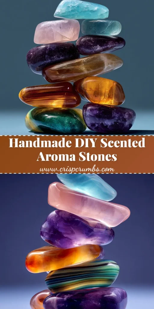 A complete guide on how to make DIY Aroma Stones. The image shows a collection of round, colorful aroma stones next to a bottle of essential oil and a silicone mold, with clear text overlay.