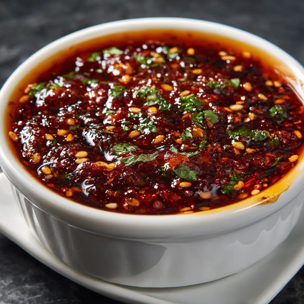 A close-up shot of the ingredients for the homemade dragon sauce, including soy sauce, ginger, garlic, and sriracha, arranged on a dark surface.