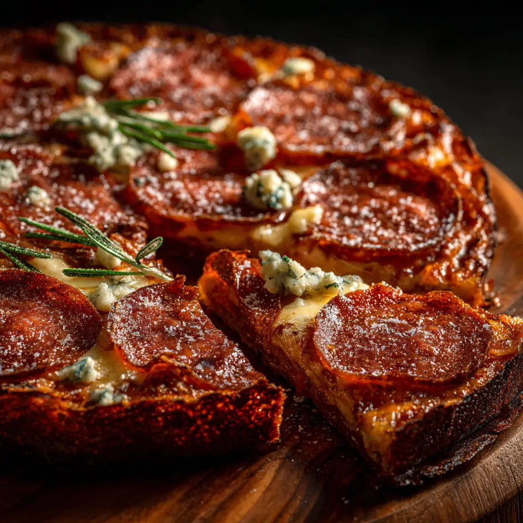 An action shot showing hot honey being drizzled from a honey dipper onto a freshly baked pepperoni pizza.
